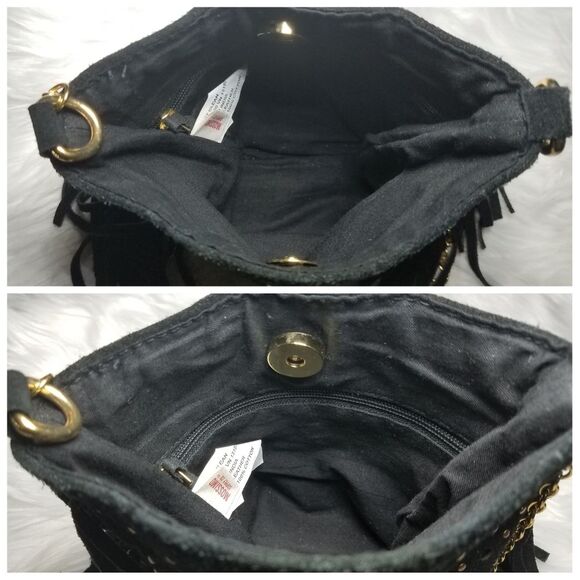 EUC|Boho Black Suede Leather Gold Studded Fringe Bag - Picture 3 of 6